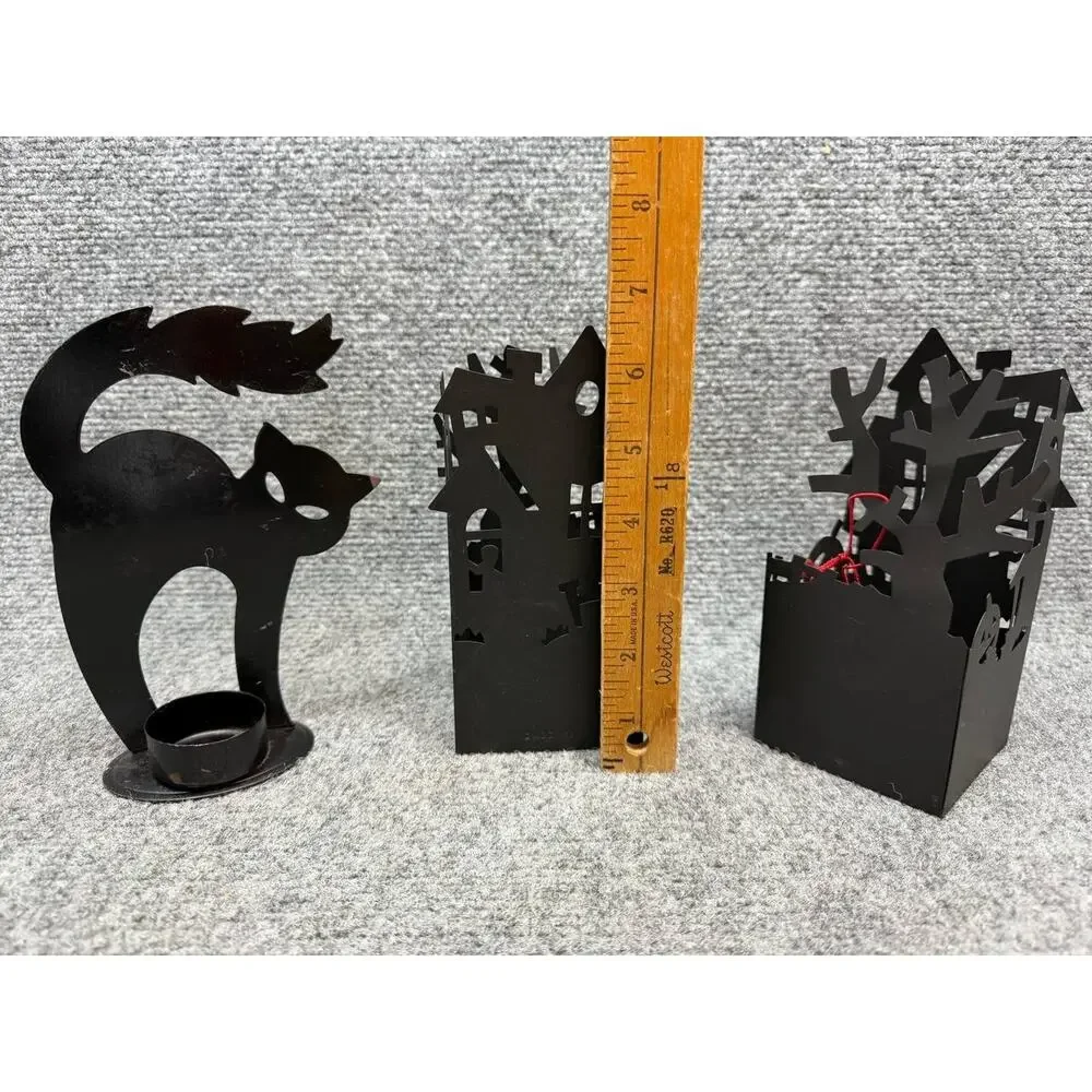 Vintage Halloween Metal Votive Candle Holders Set of 3 Cat House
